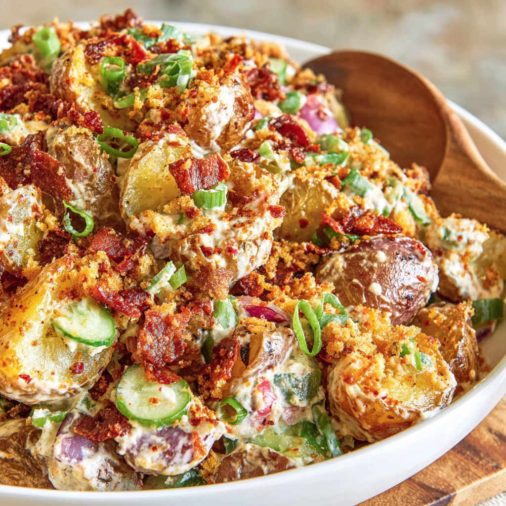 Close up spoon drizzling chili crisp over potato salad