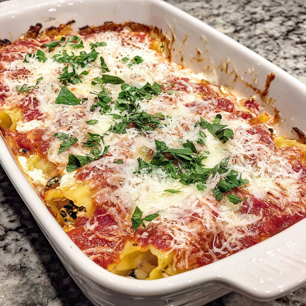 Filled manicotti arranged in baking dish