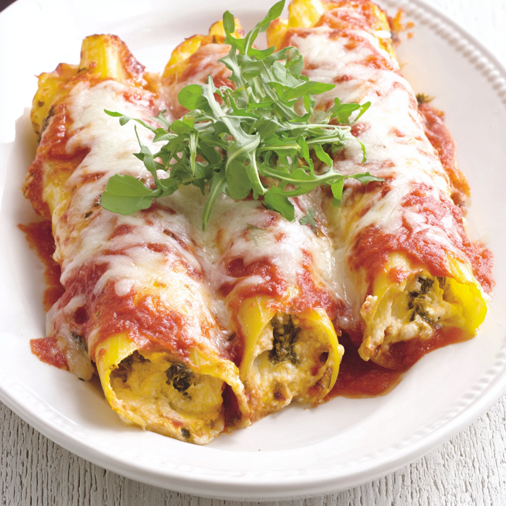 Baked manicotti with golden cheese