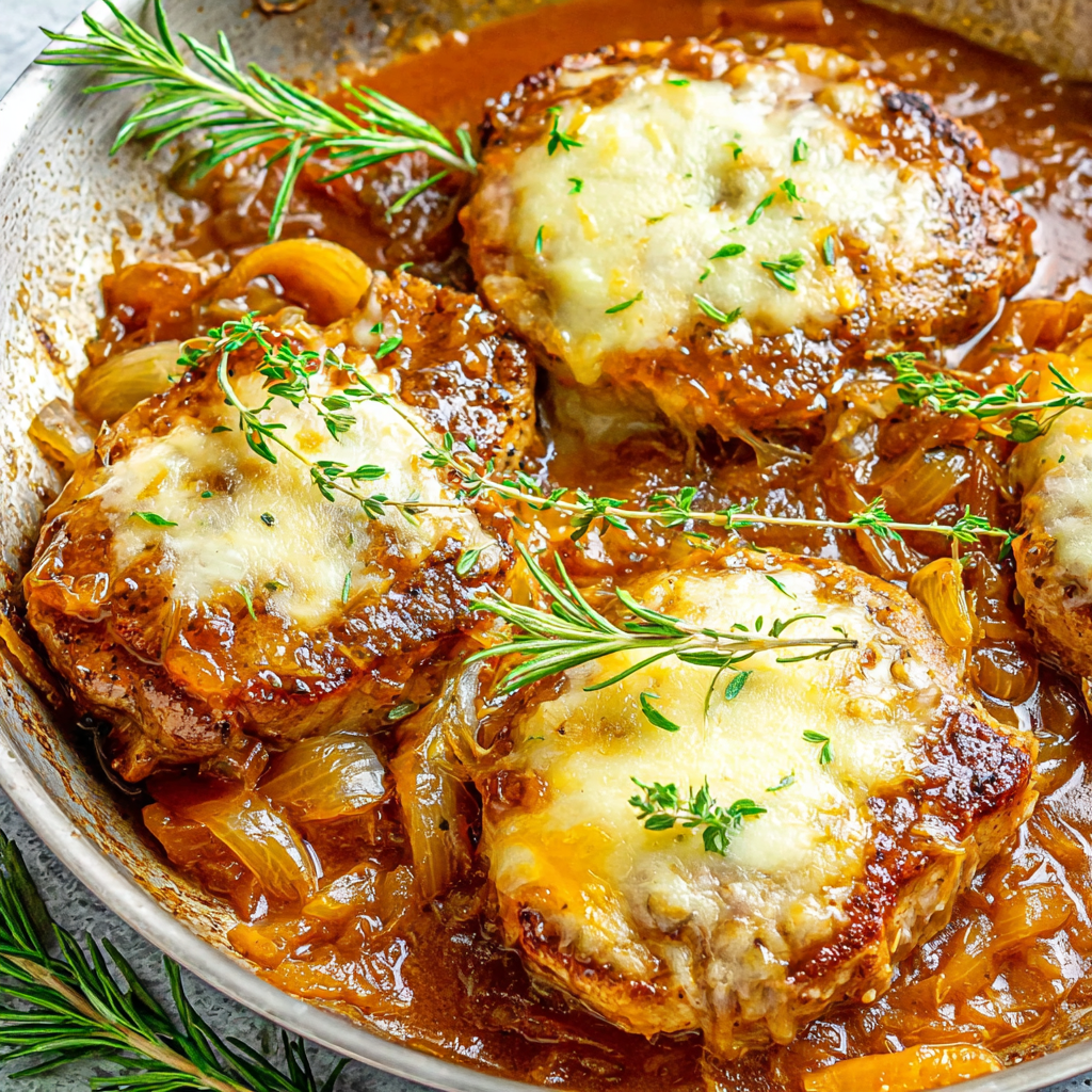 French Onion Pork Chops in skillet with melted cheese