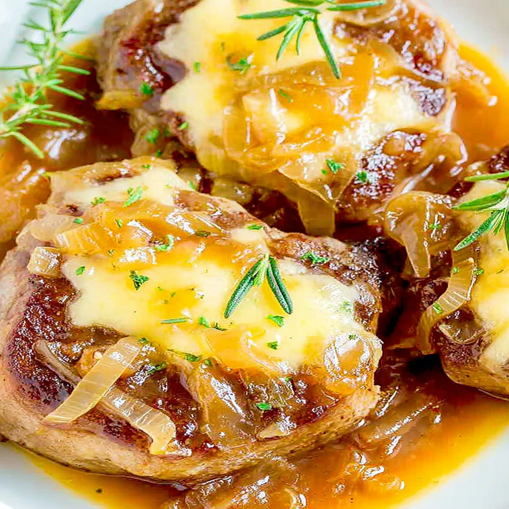 Close-up of melted cheese on pork chop