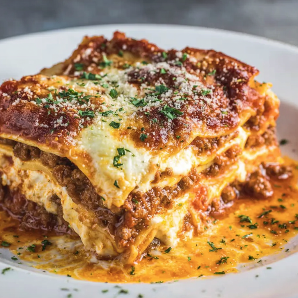 Layered lasagna in a 9x13 pan before baking