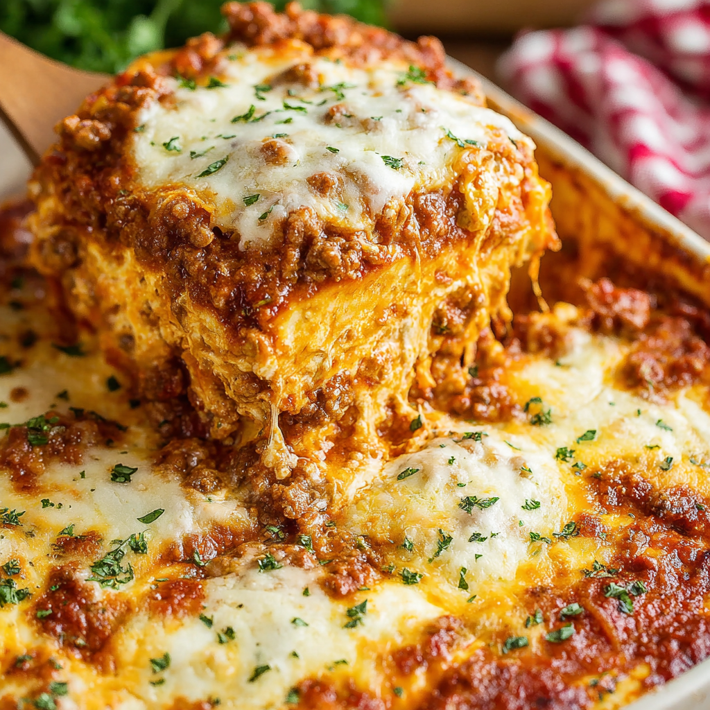 Baked lasagna served on a plate garnished with fresh parsley