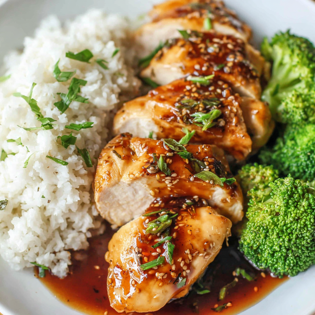 Plated honey garlic chicken with rice
