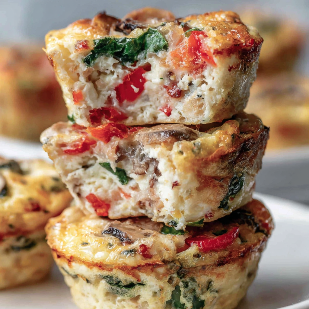 Close-up of a spinach, tomato and mozzarella egg muffin