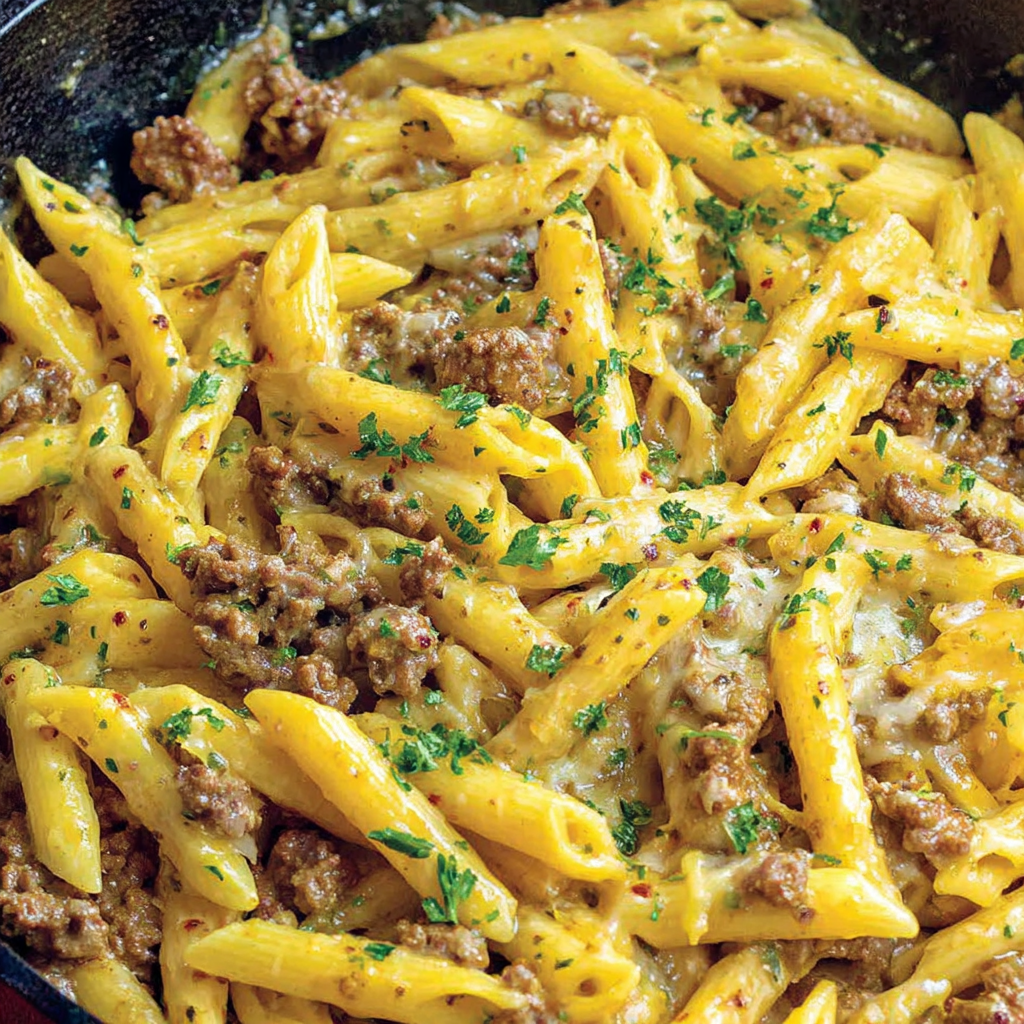 Cheesy Ground Beef Pasta Skillet