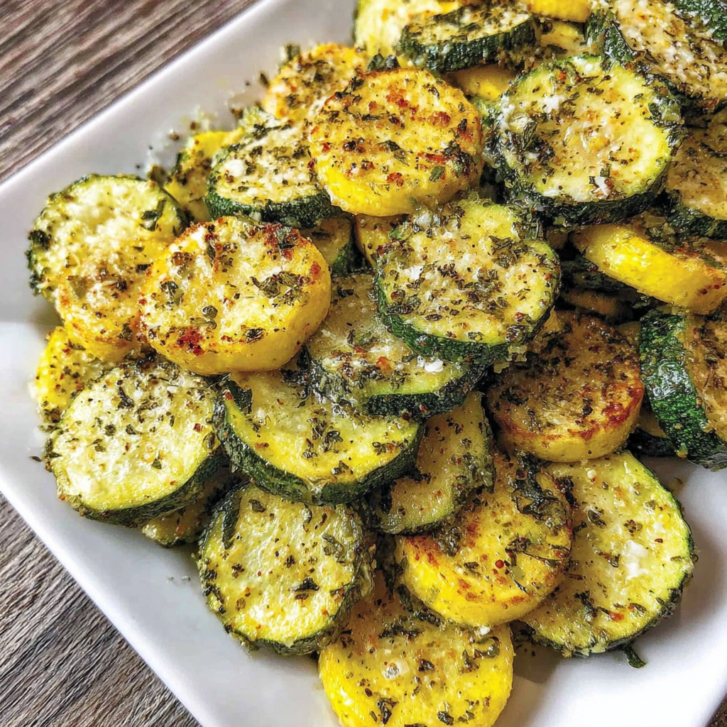 Air fried zucchini and squash plated and ready to serve