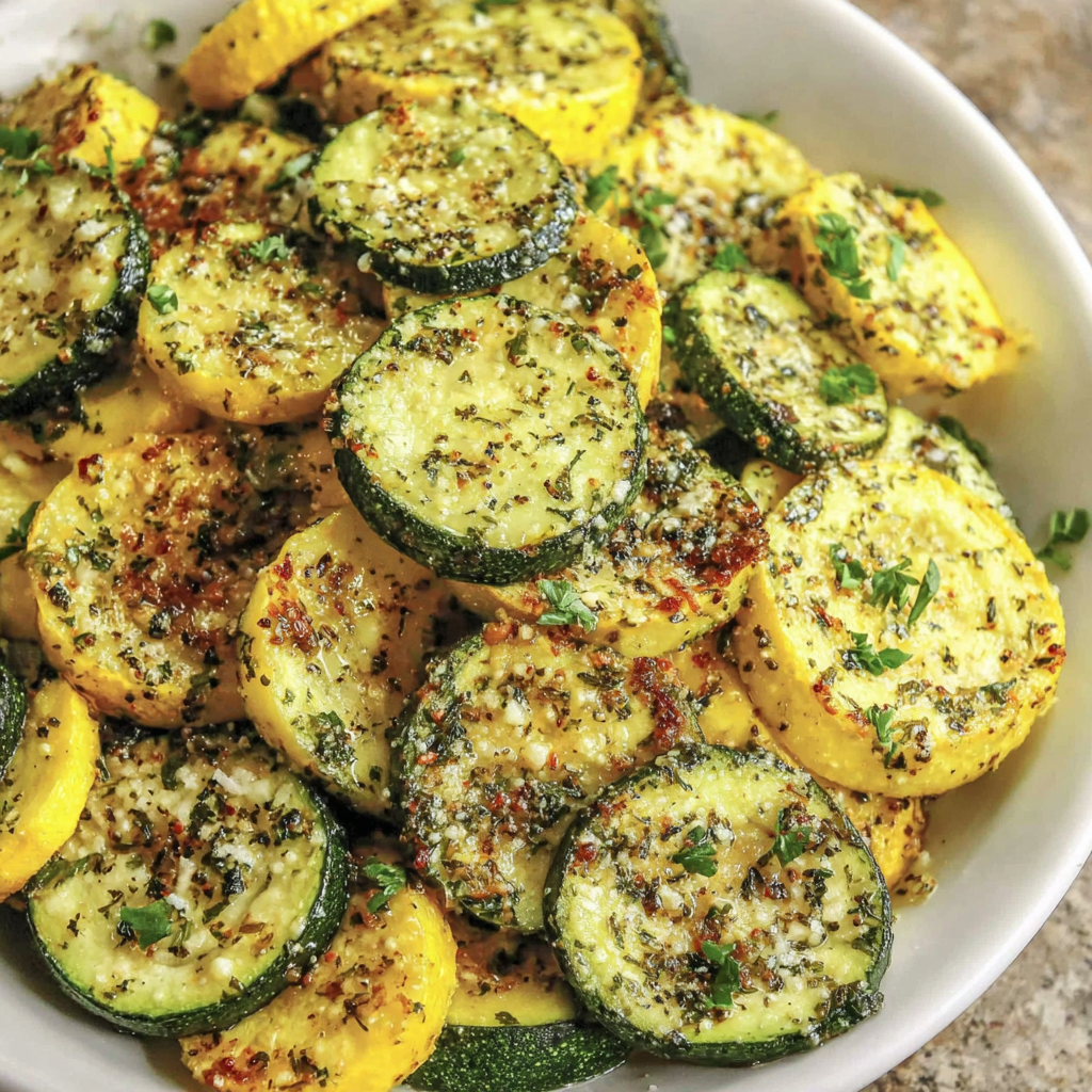 Zucchini and yellow squash in a bowl tossed with olive oil and herbs