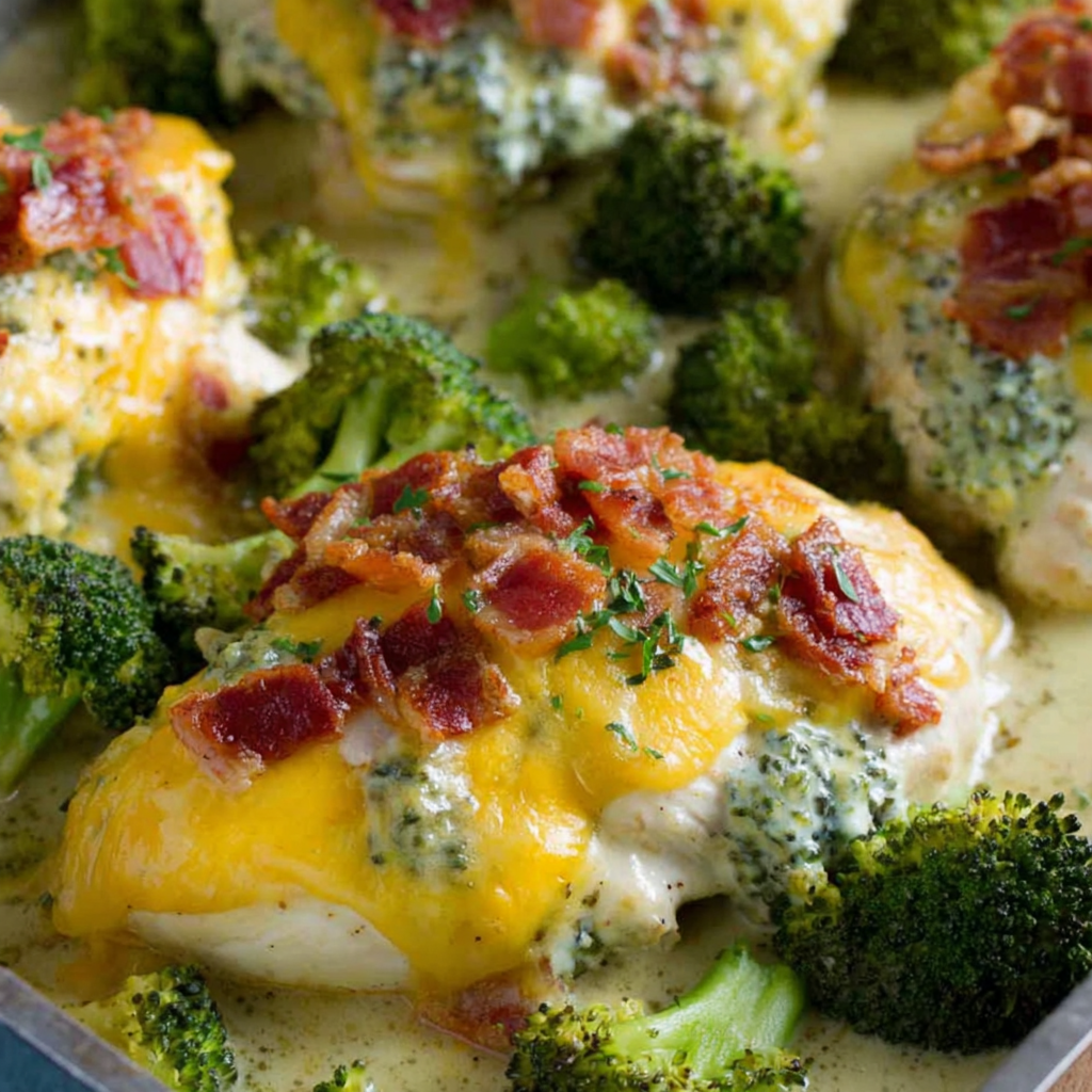 Cheesy Bacon Broccoli Chicken on a plate