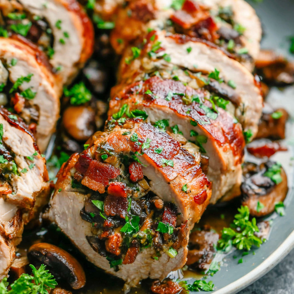 Stuffed Pork Tenderloin with Mushrooms and Bacon