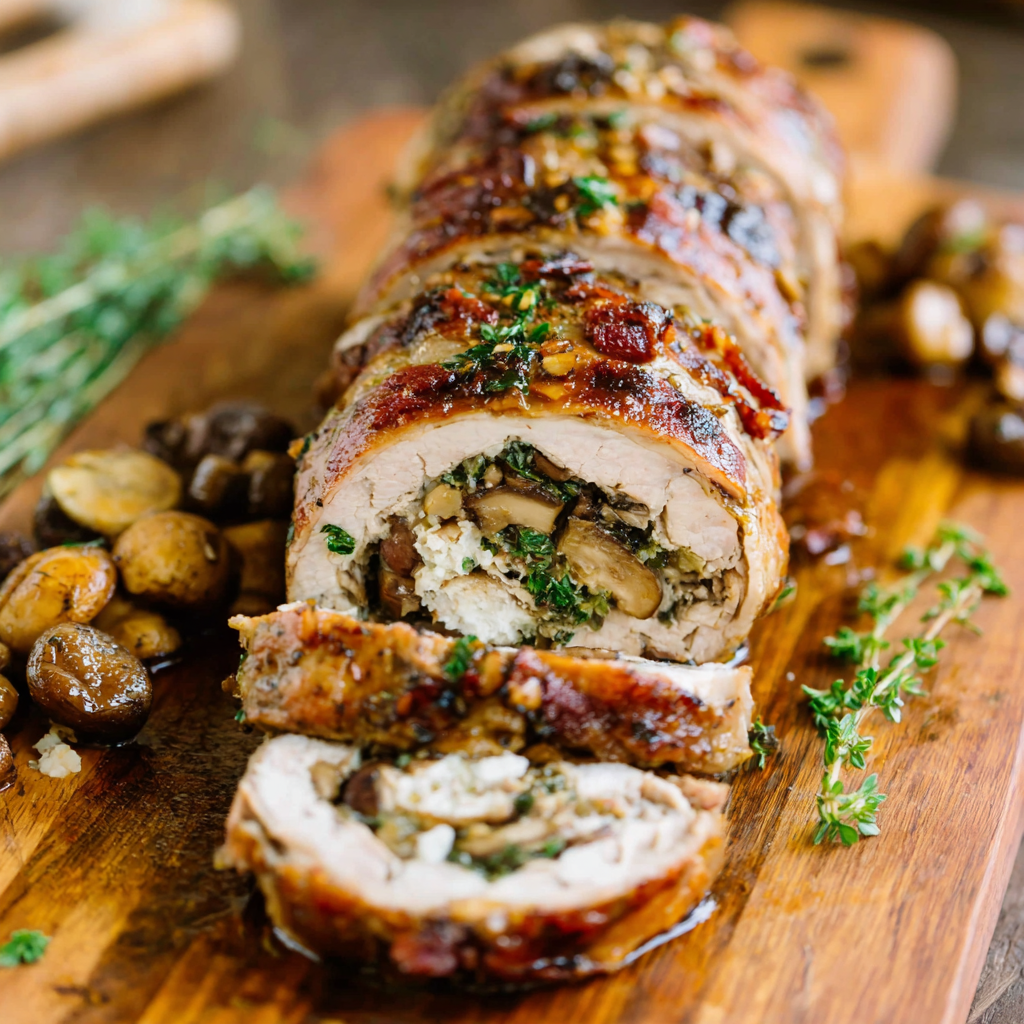 Stuffed pork tenderloin sliced into medallions
