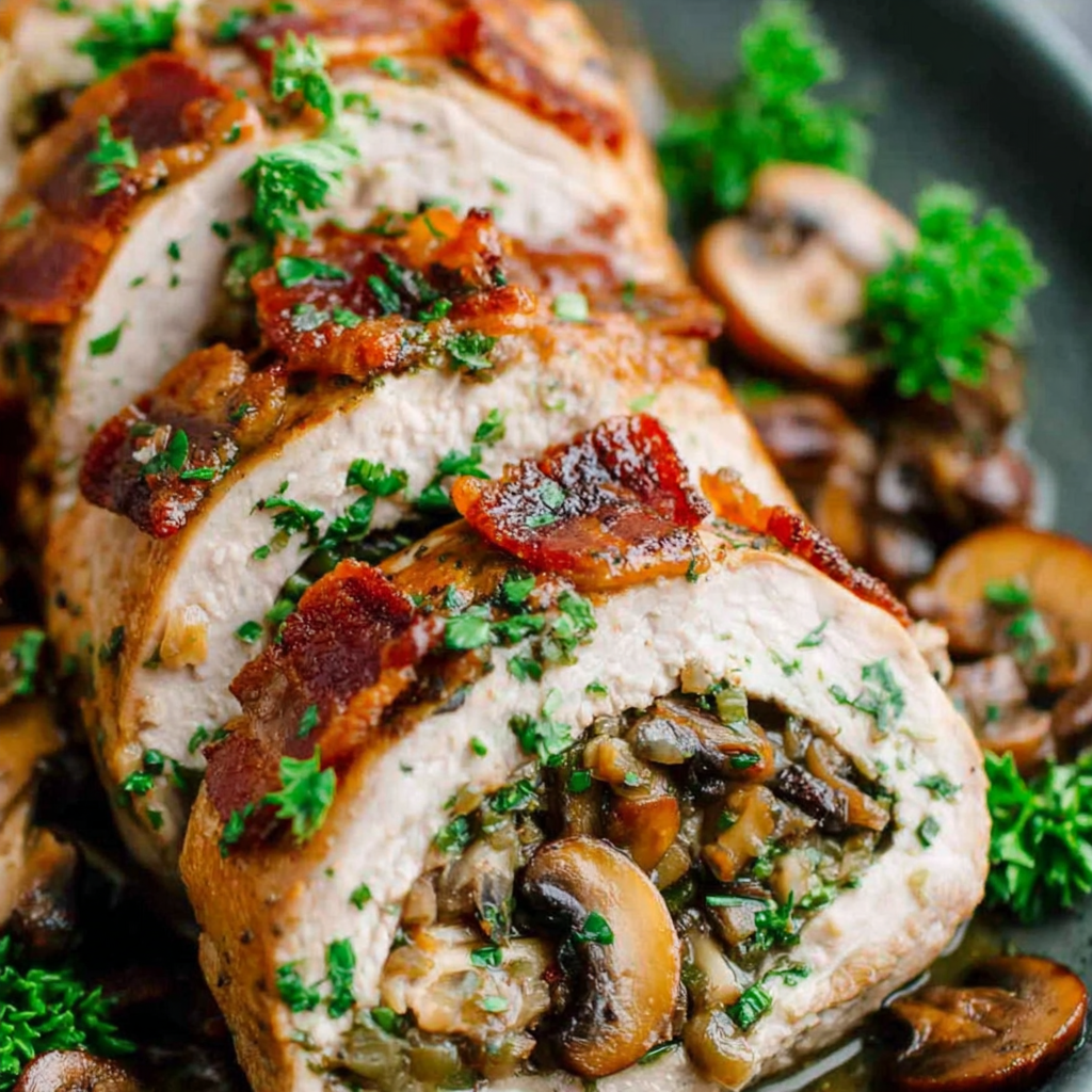 Whole stuffed pork tenderloin before slicing