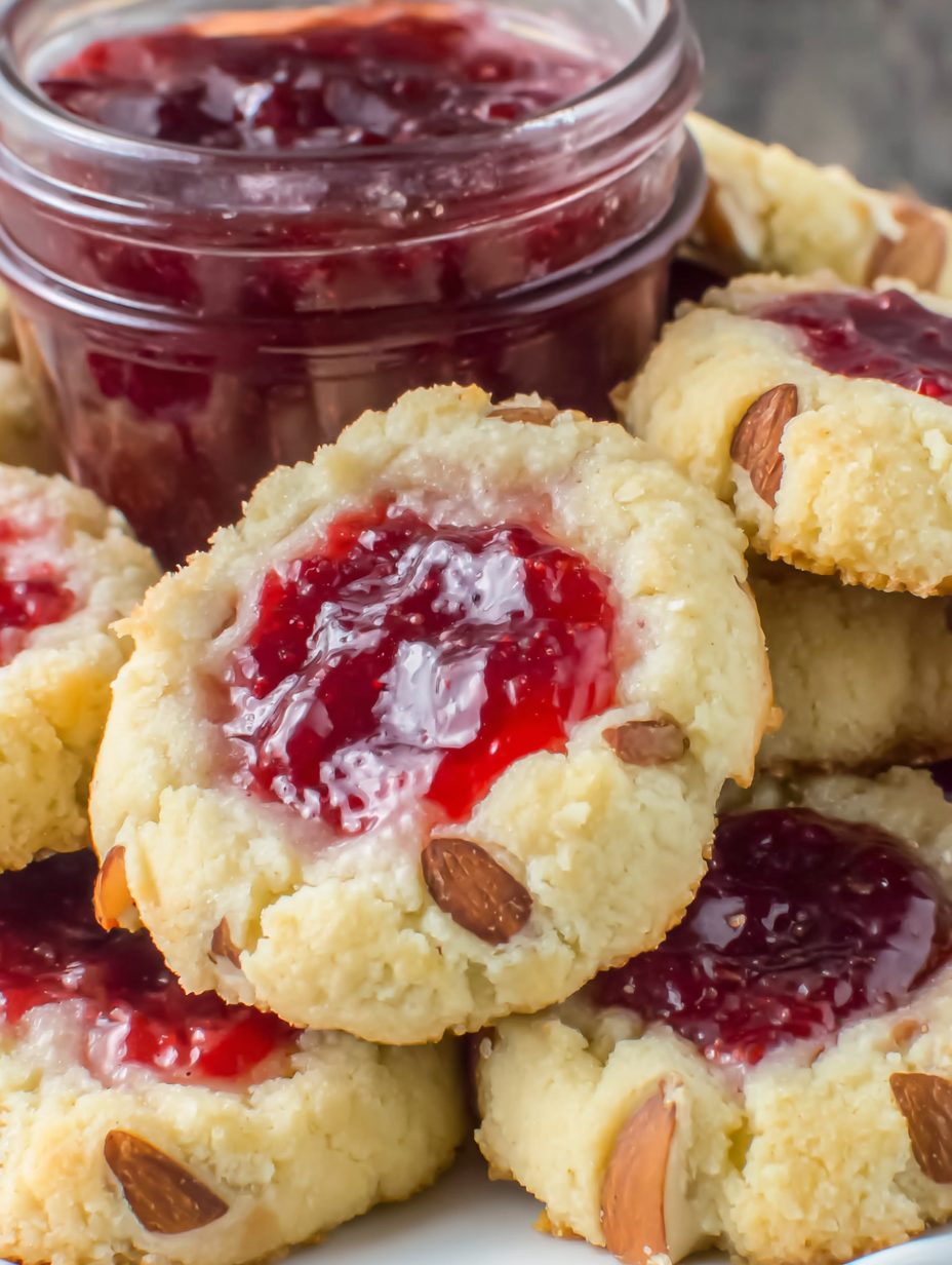 Tray of raspberry almond thumbprint cookies