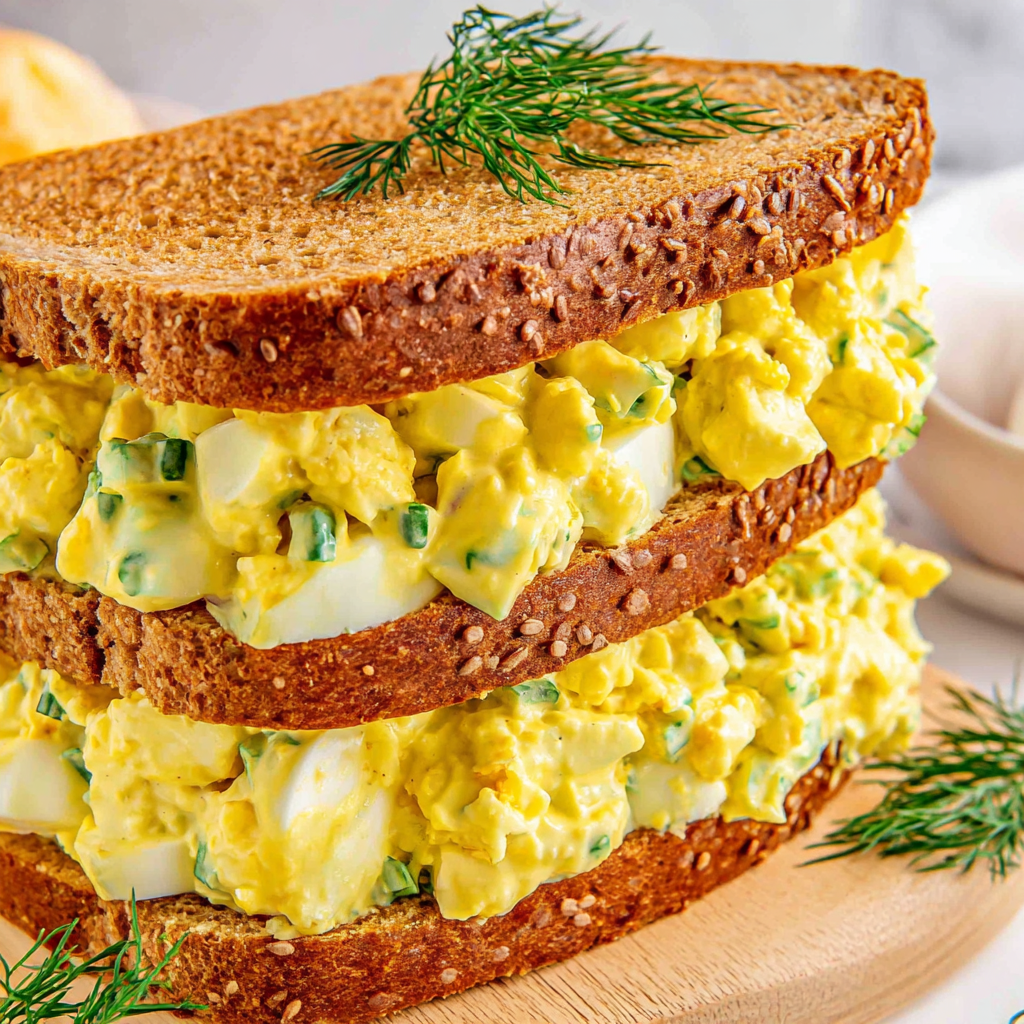 Close-up of egg salad on toast with herbs