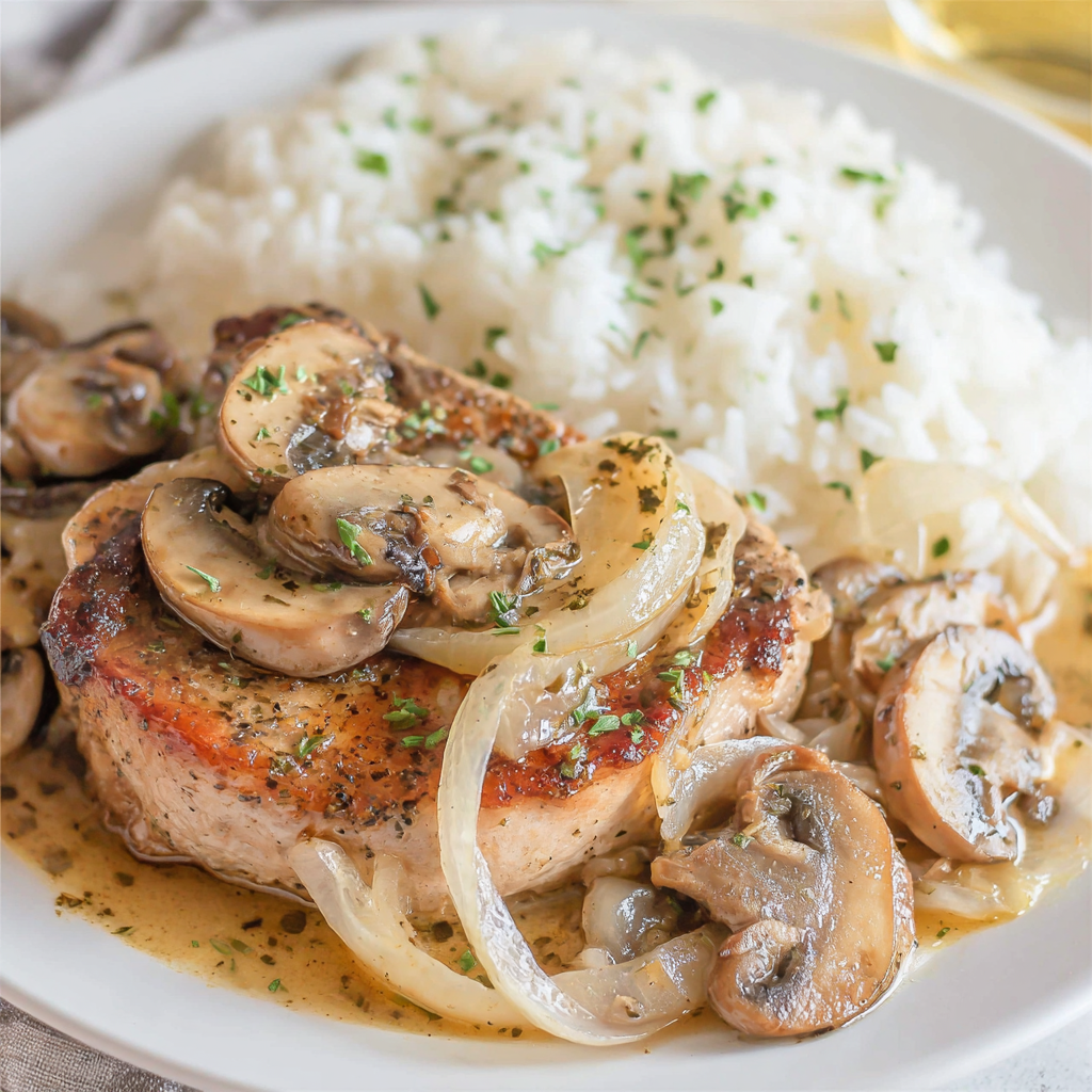 Slow Cooker Bone-in Pork Chops with Mushrooms & Onions