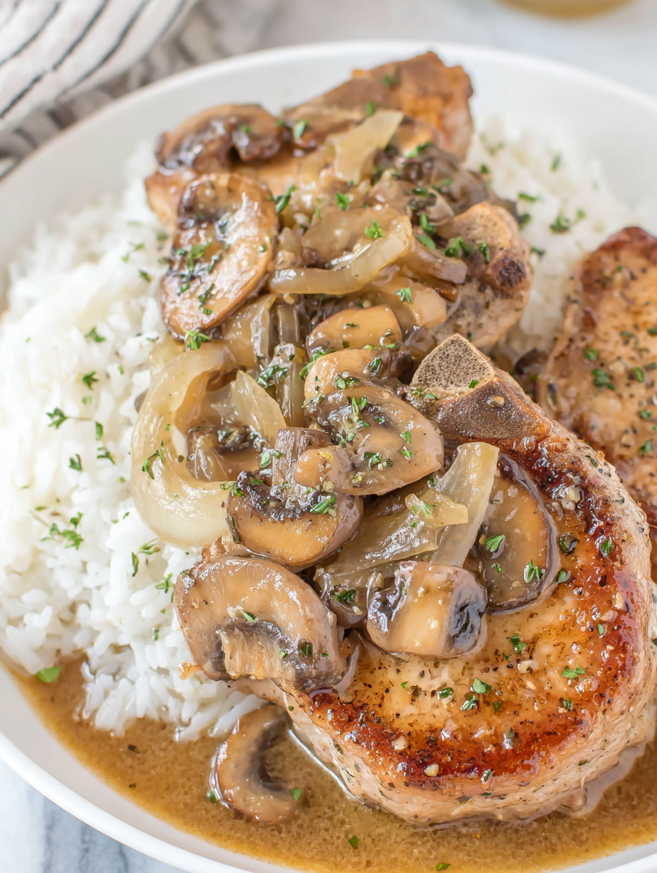 Slow cooker bone-in pork chops with mushrooms and onions