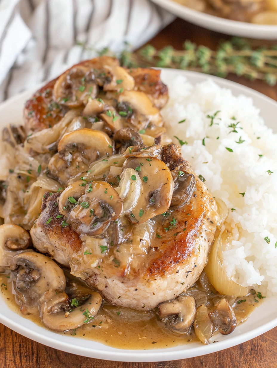 Close-up of pork chop with mushroom gravy