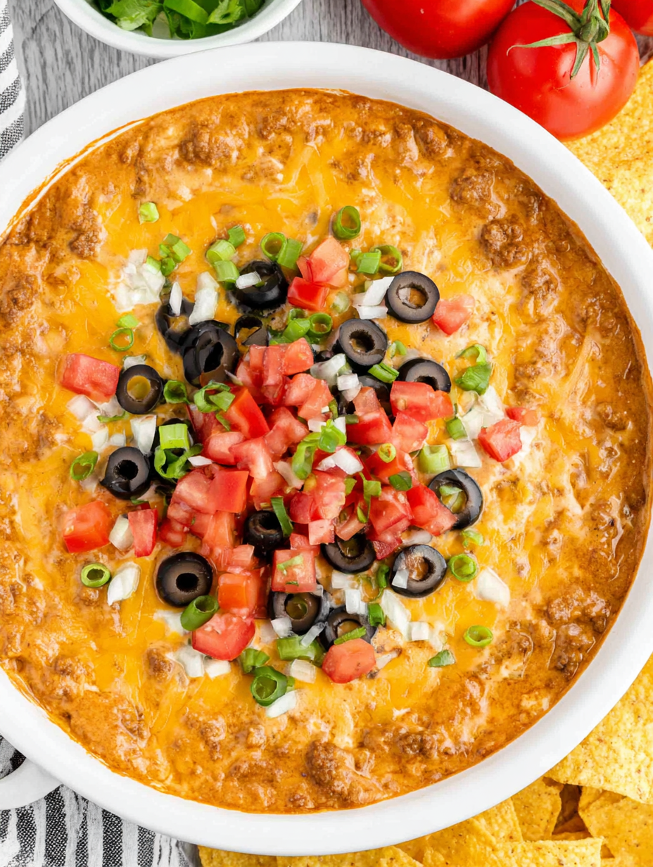 Serving bowl of warm taco dip with chips