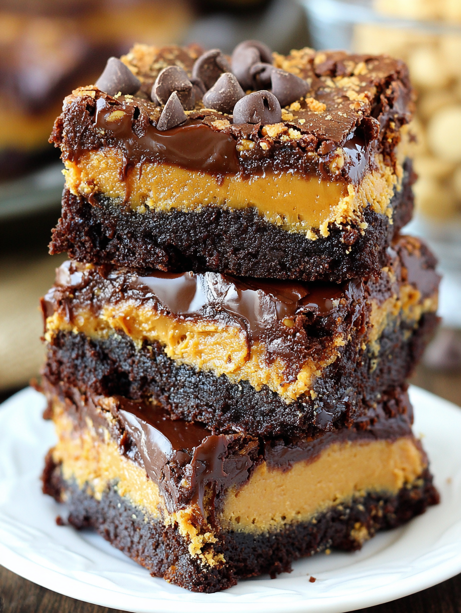Peanut butter brownies in pan with ganache