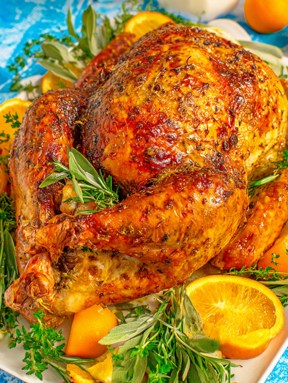 Roasted turkey resting in a large roasting pan