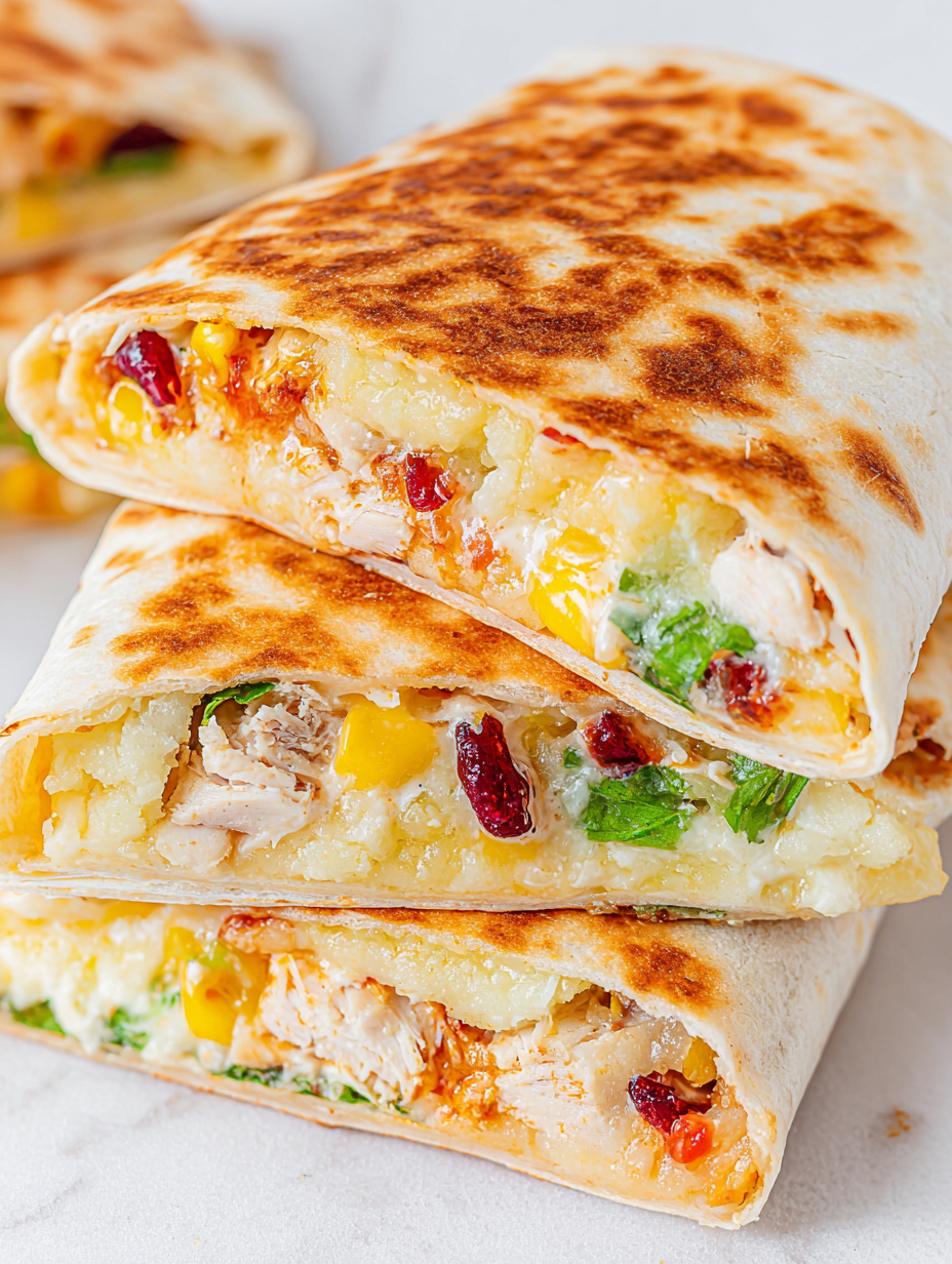 Thanksgiving Crunchwraps sizzling in a skillet; golden-brown exterior