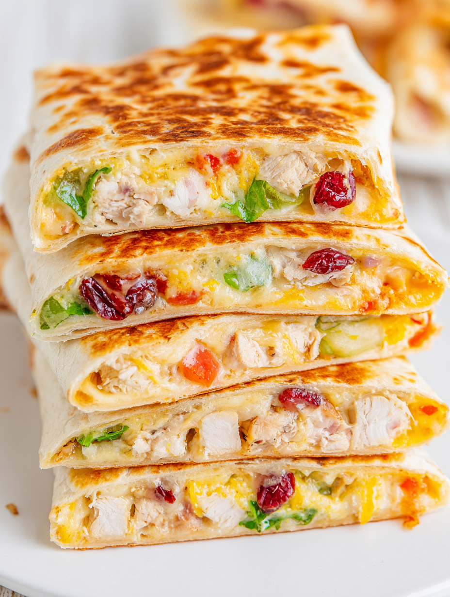 Close-up of a halved Thanksgiving Crunchwrap showing layers of turkey, stuffing, and cranberry