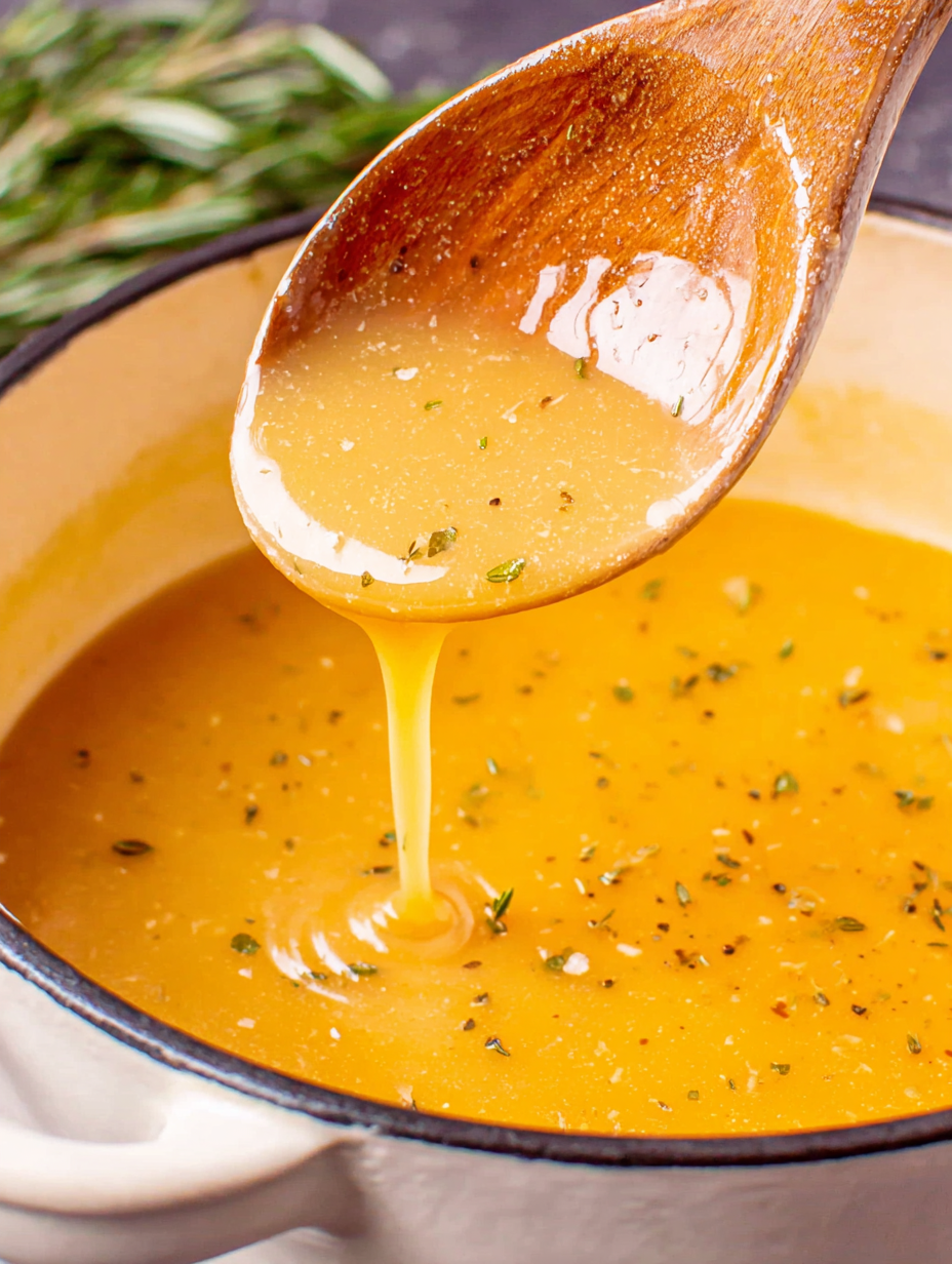 Rich chicken broth gravy being whisked in a saucepan