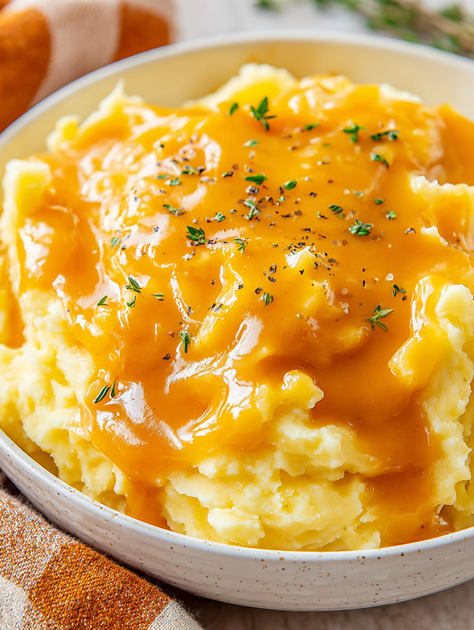 Gravy poured over mashed potatoes with herbs