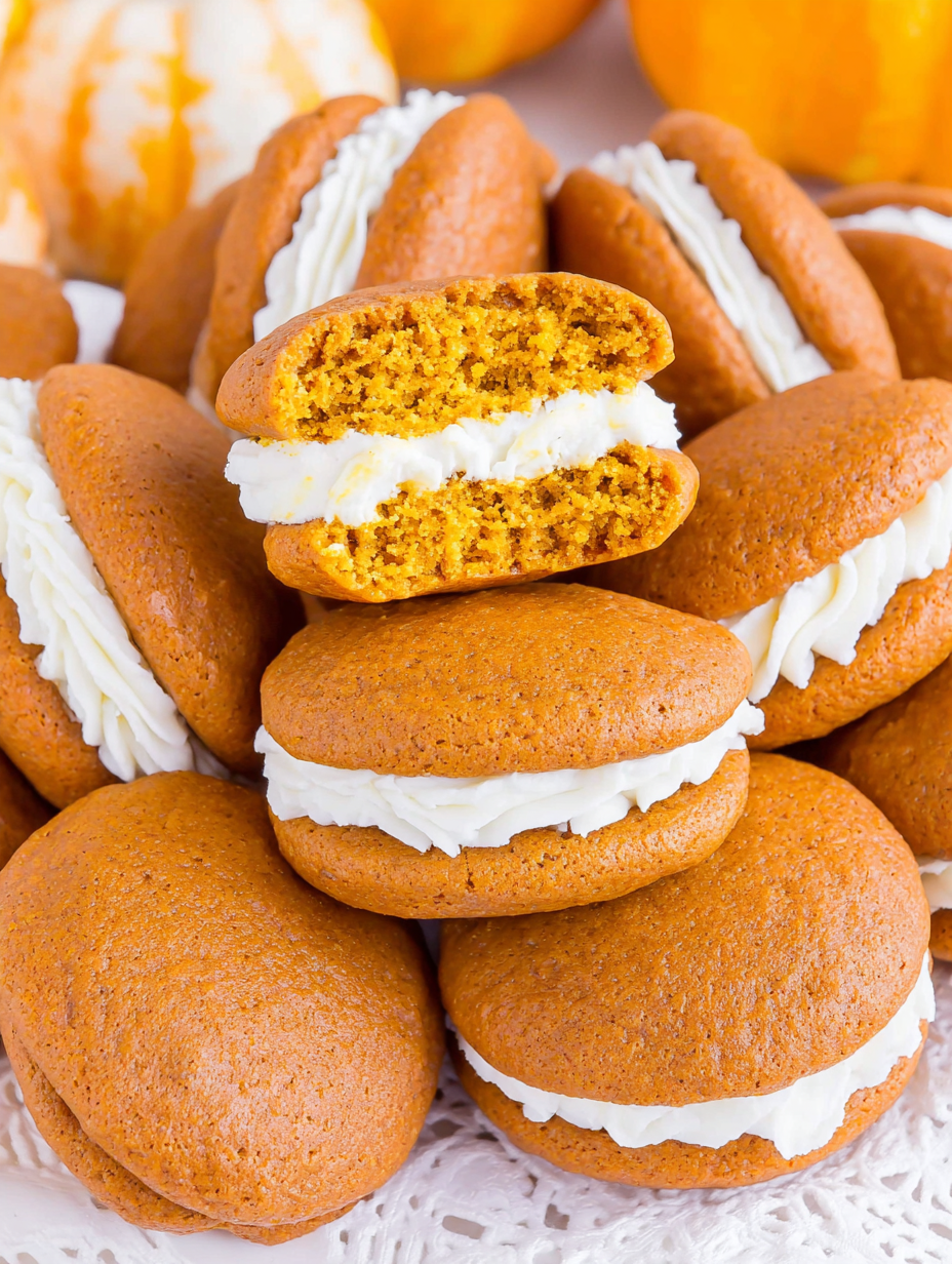 Stack of pumpkin whoopie pies with cream cheese filling