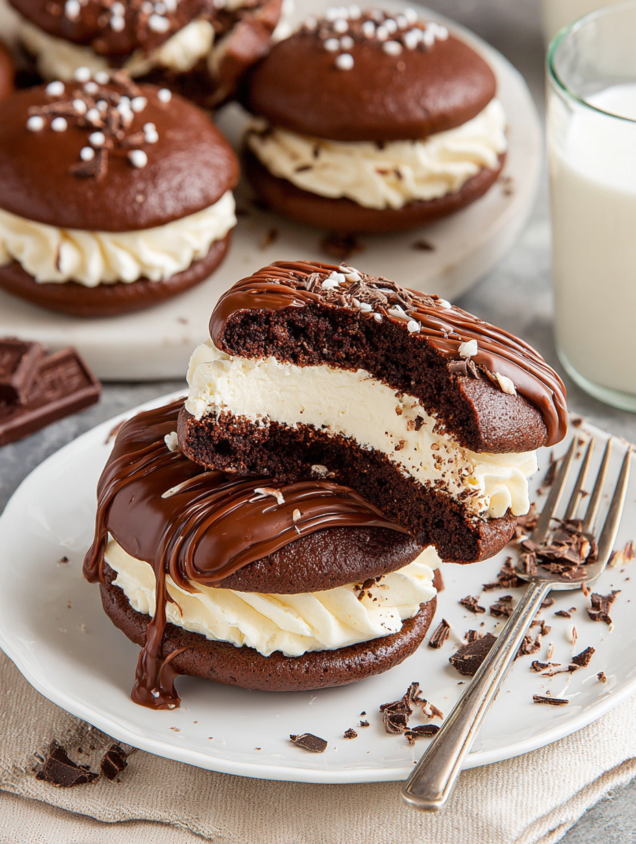 Whoopie pies on a plate, one missing a bite