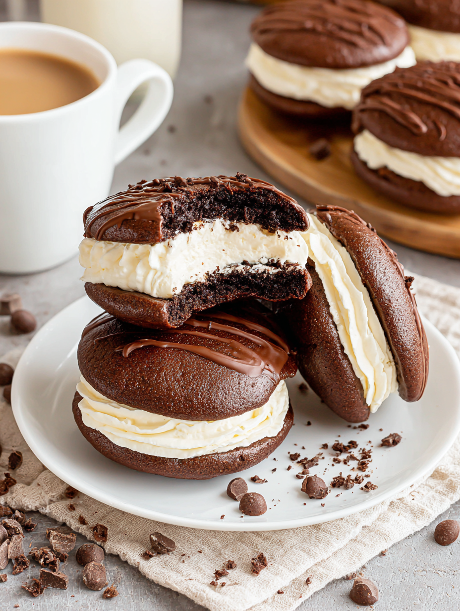 Close-up of chocolate whoopie pie halves