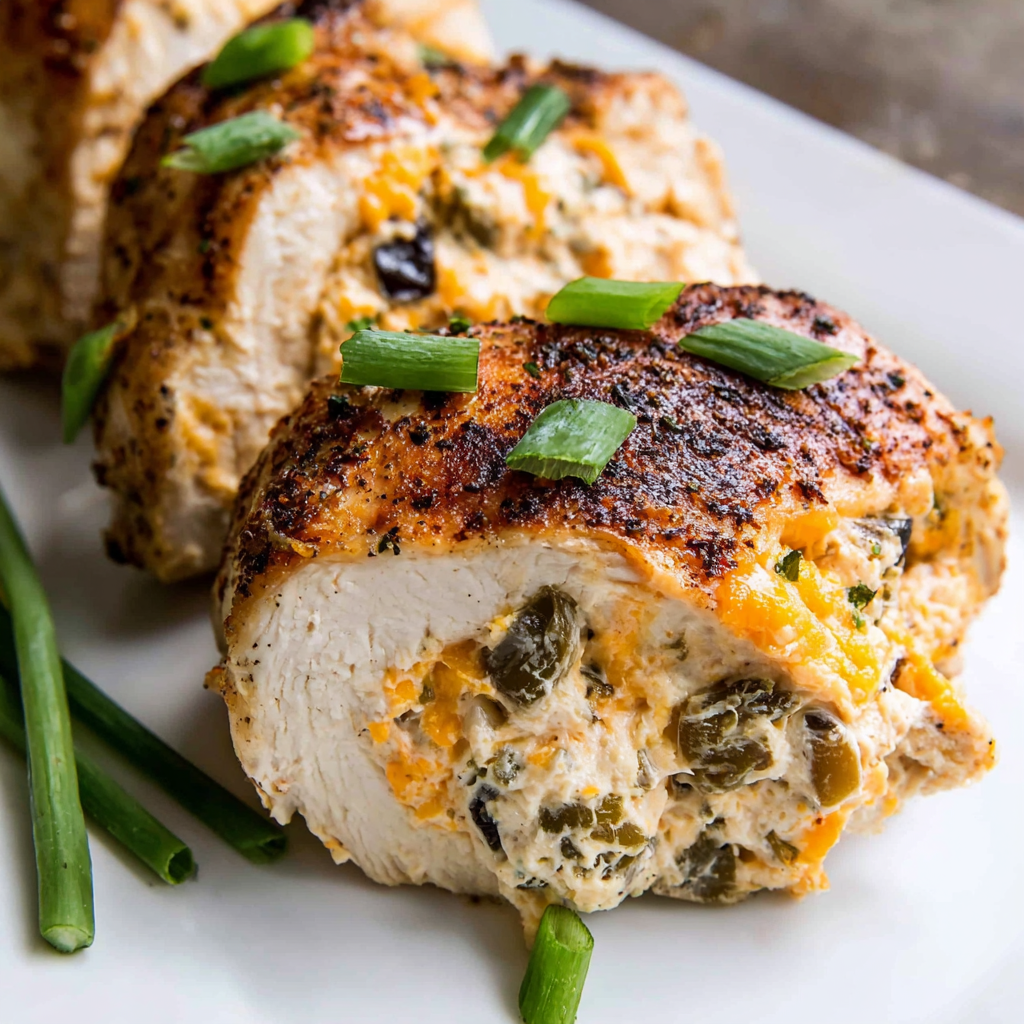 Sliced stuffed chicken plated with garnish