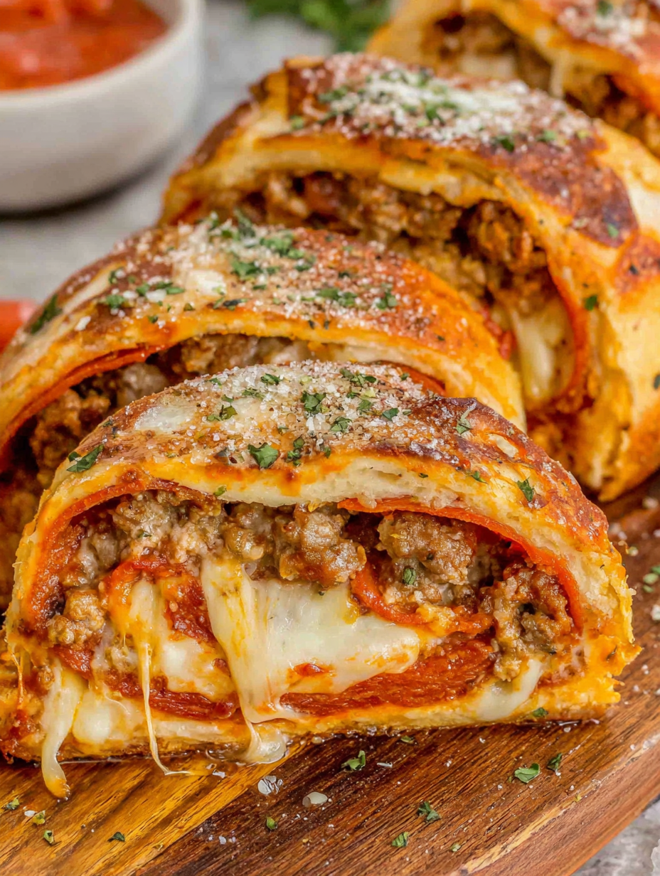 Close-up slice of stromboli with sauce