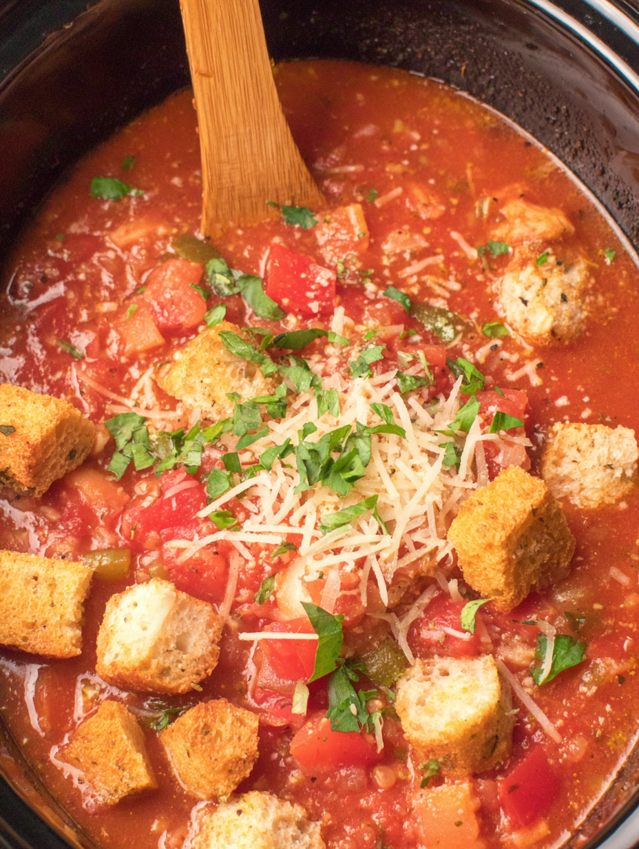 Slow cooker filled with tomato-based chicken soup
