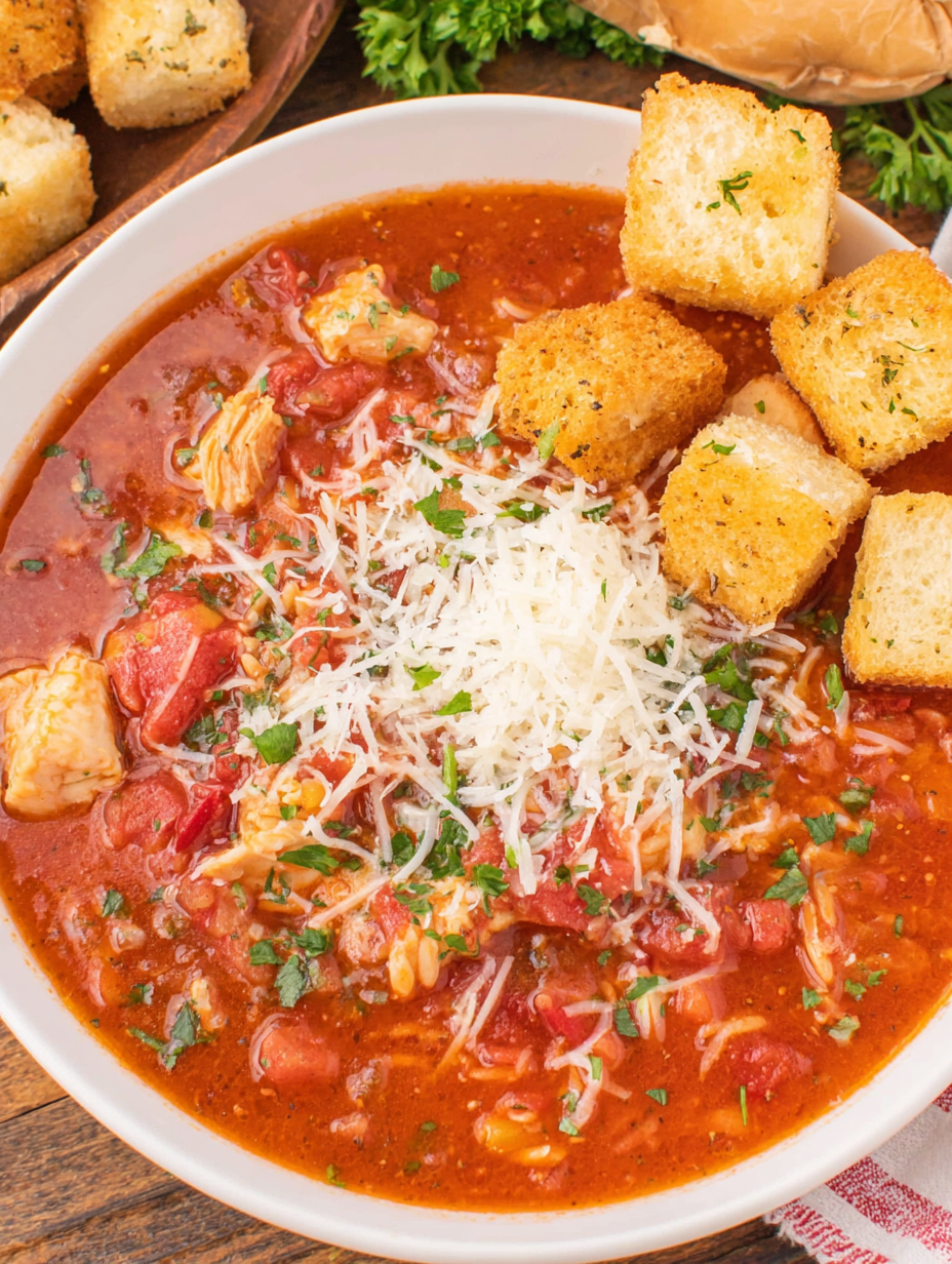 Bowl of chicken parmesan soup topped with Parmesan and croutons