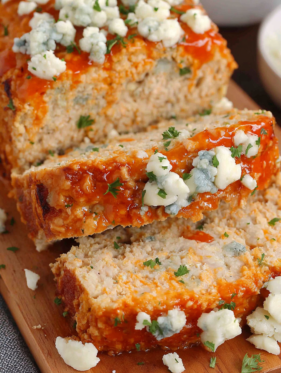 Buffalo chicken meatloaf glazed and topped with gorgonzola