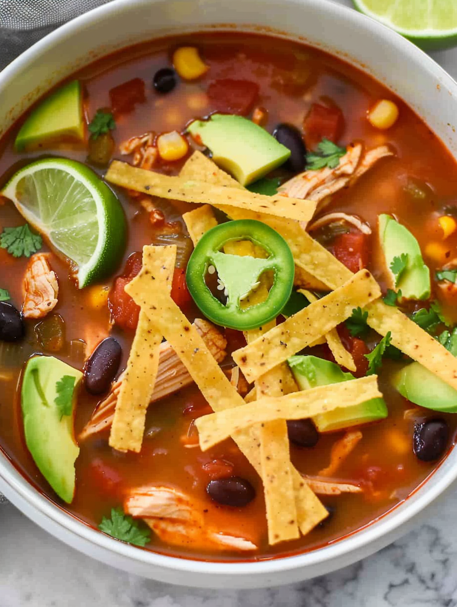 Bowl of chicken tortilla soup with tortilla strips