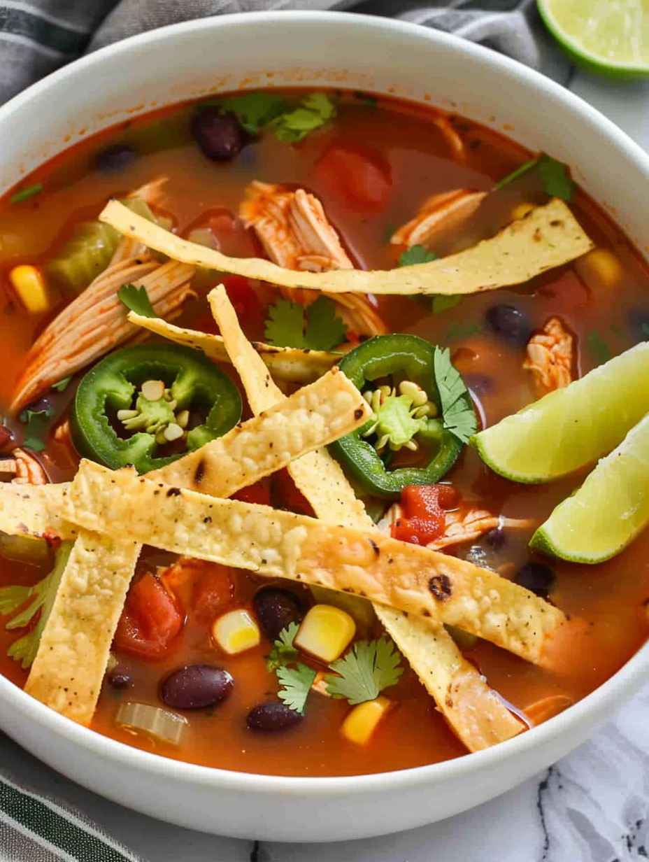 Crispy tortilla strips used to garnish the soup