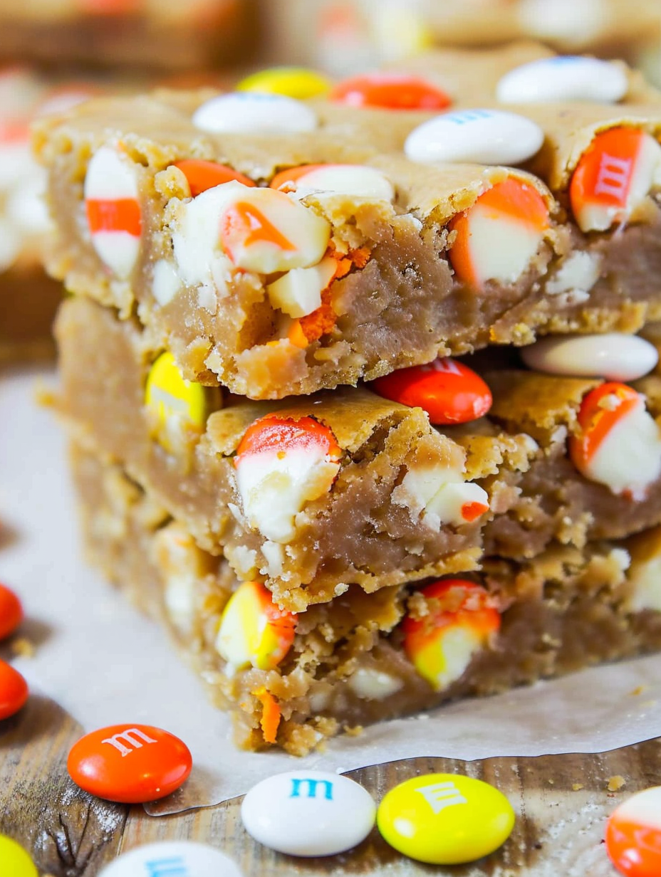 Candy Corn White Chocolate M&Ms blondies pan
