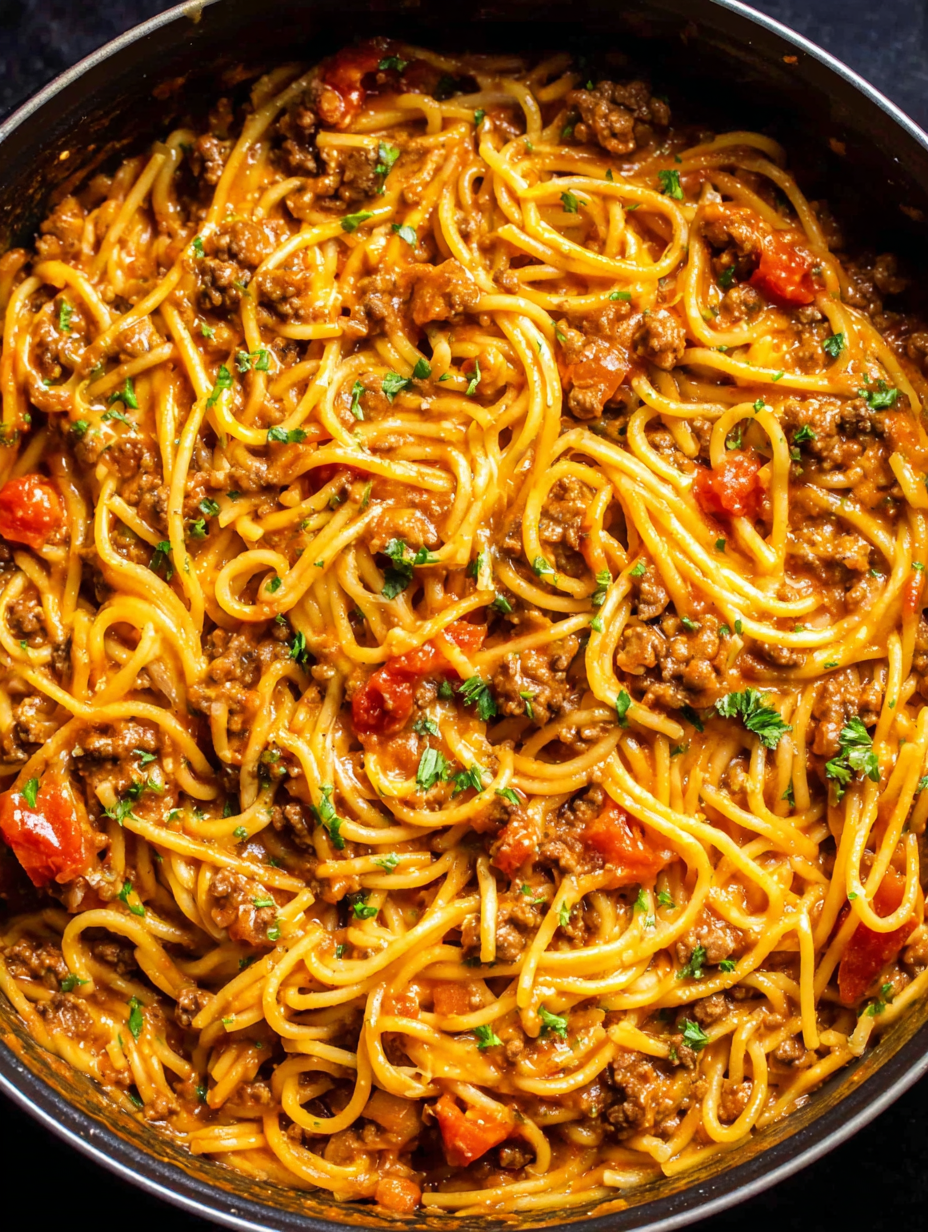Taco Spaghetti in a large pot with melted cheese