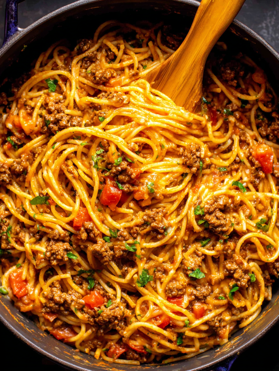 Plated Taco Spaghetti garnished with cilantro