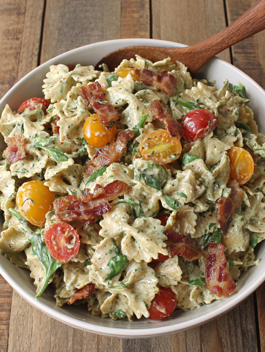 Creamy Pesto BLT Pasta Salad in a bowl with basil garnish