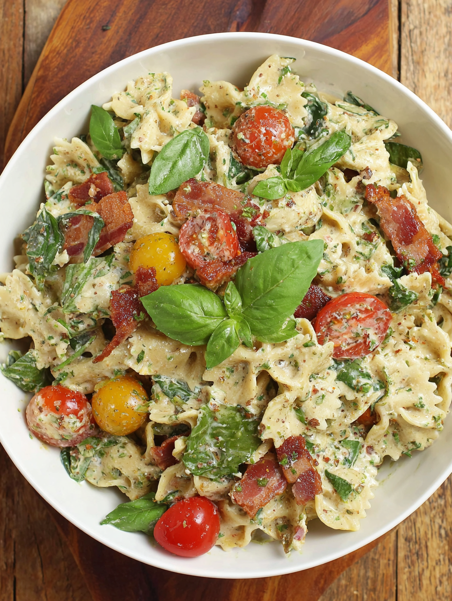 Close-up of pasta salad with tomatoes and basil