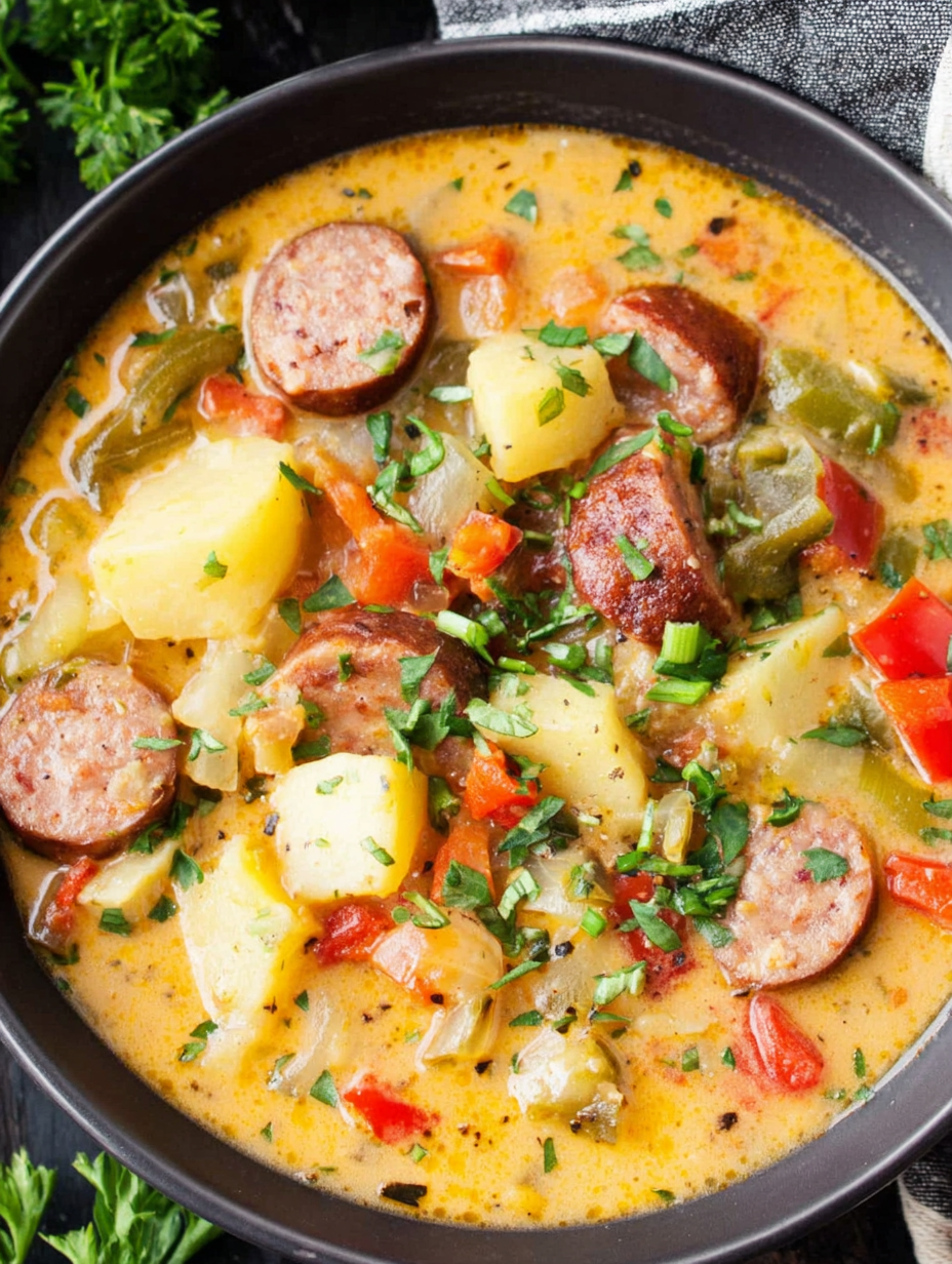 Ingredients laid out for Cajun potato soup with sliced sausage