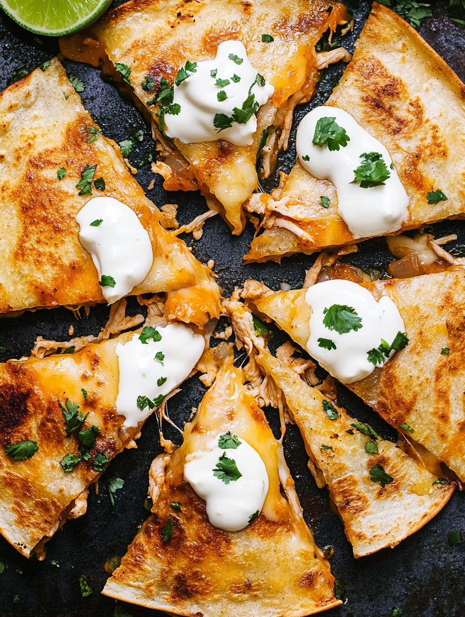 Stack of poblano chicken quesadillas with crema drizzle