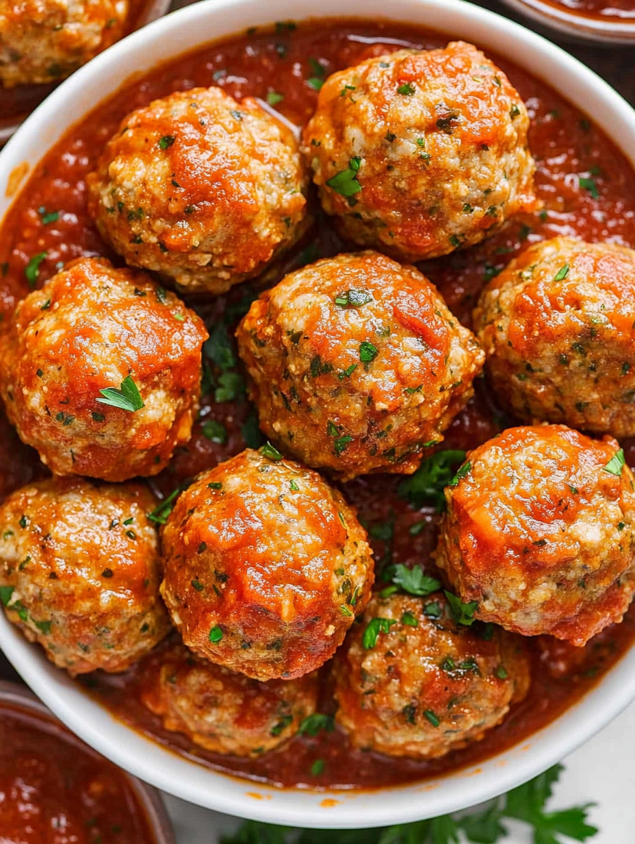 Plated turkey meatballs with marinara and garnish