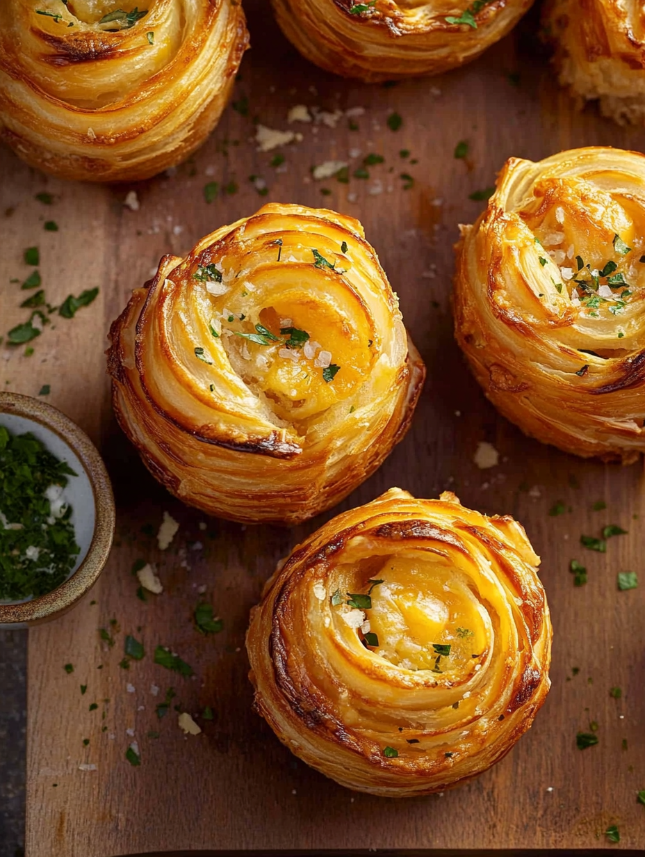 Freshly baked cheesy garlic cruffins in muffin tin
