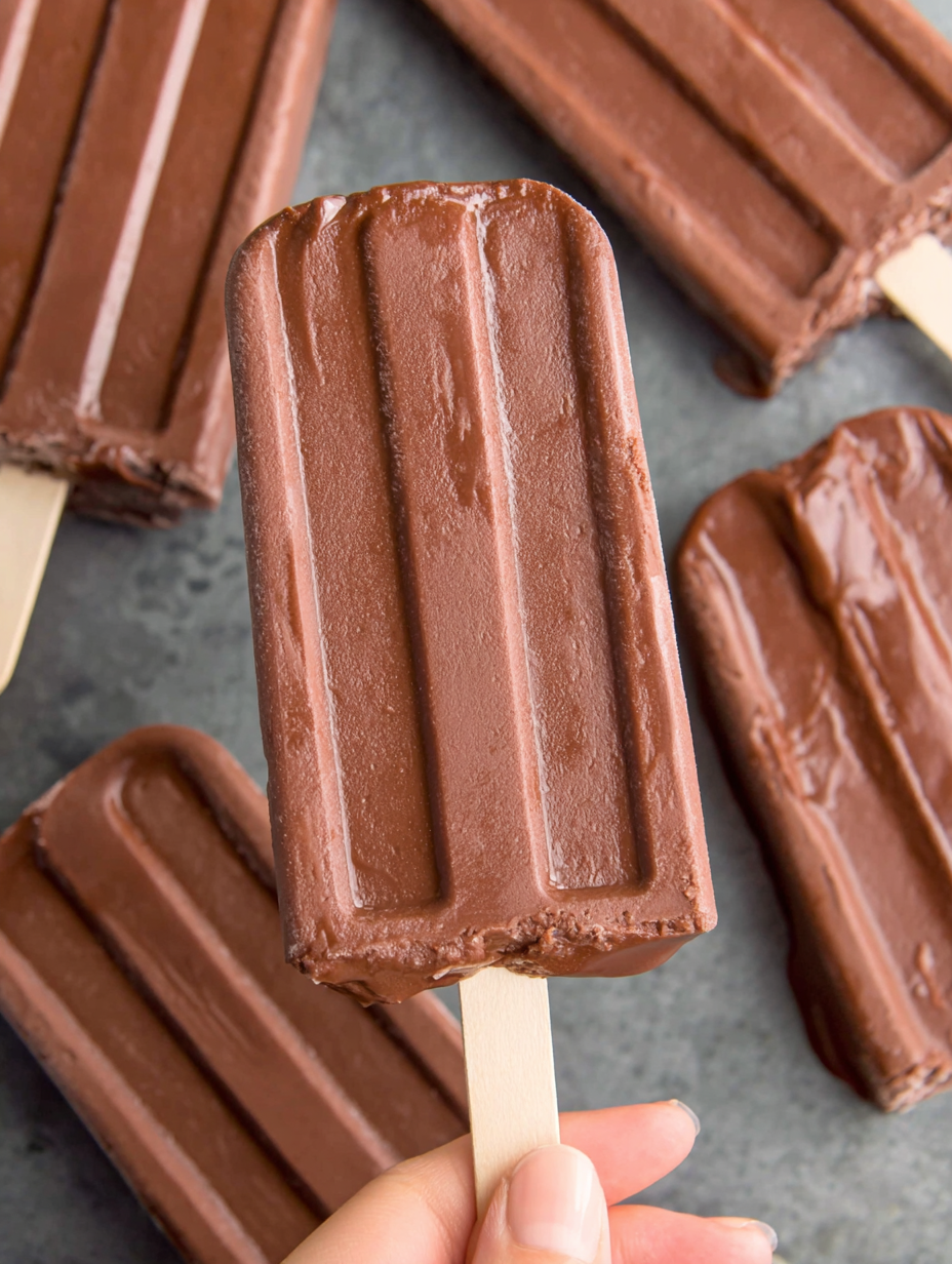 Two creamy chocolate popsicles on a plate