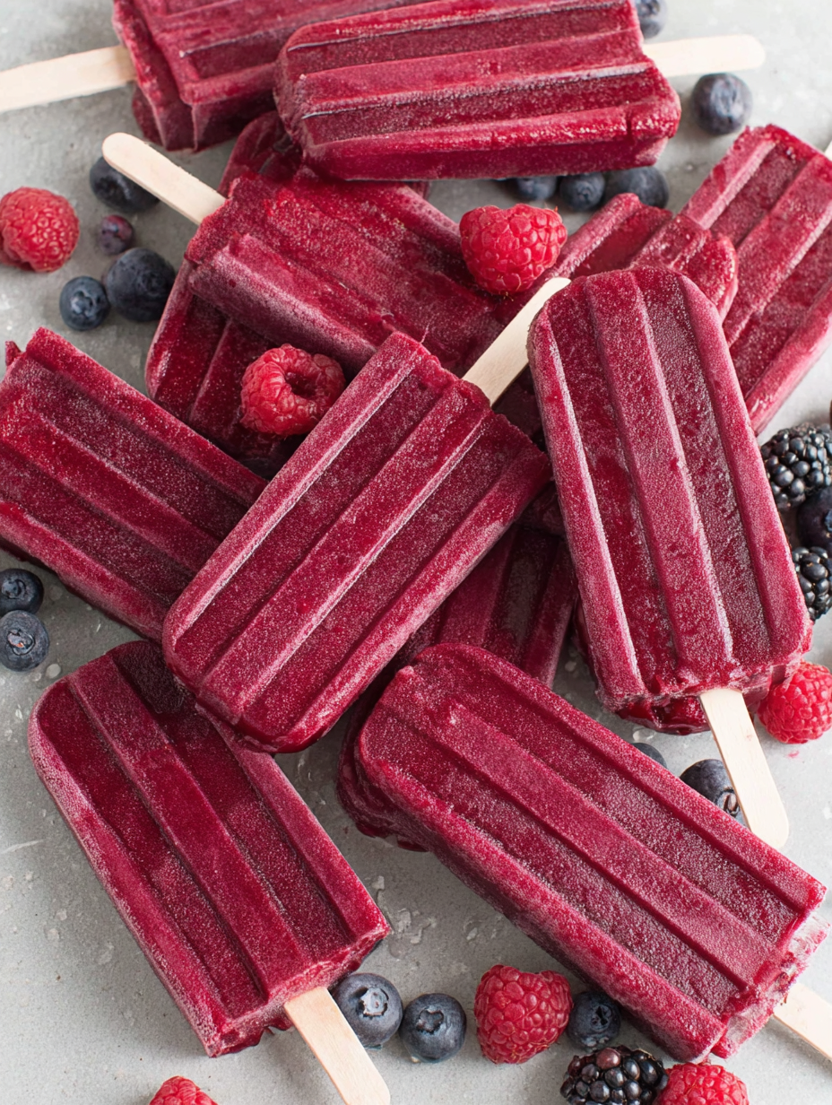 Mixed berry popsicles in wooden sticks
