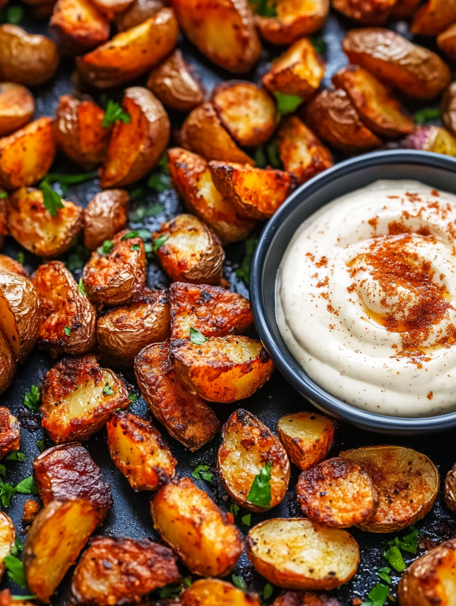 Crispy roasted potatoes on a baking sheet